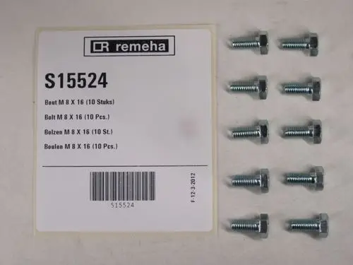 Zehn metallische Schrauben von Remeha in einer Verpackung, mit einer Produktbezeichnung auf einem weißen Etikett, das verschiedene Sprachen zeigt.